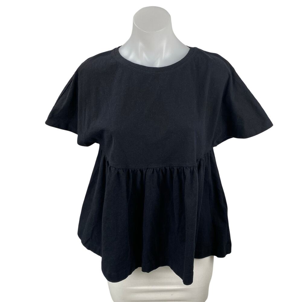 Zara Women's Black Short Sleeve Loose Oversized Boxy Peplum Blouse Top Size S